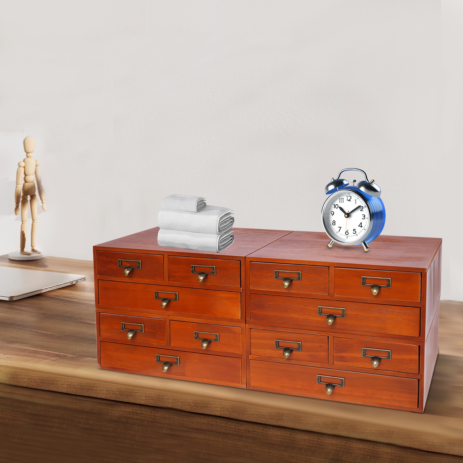 4 Pack 3 Drawer Wooden Desktop Organizer Drawer Storage Box For Tabletop- Brown
