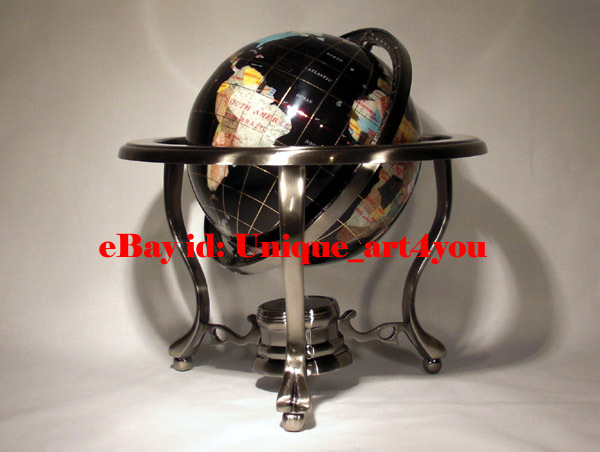 10" Tall Table Top Black Onyx Ocean Gemstone World Globe with Silver Tripod Stan