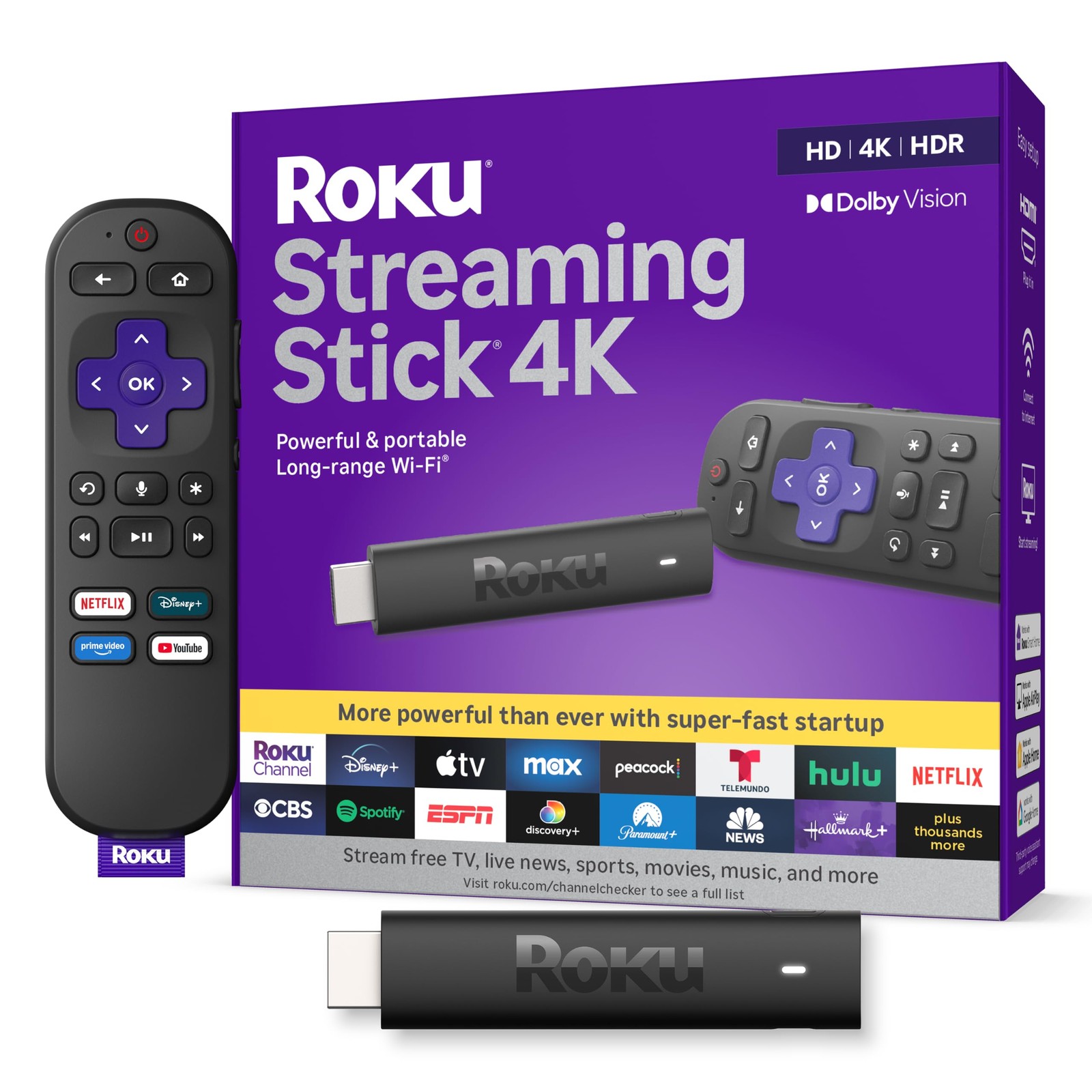 Roku Streaming Stick 4K with Voice Remote - HDR10+ 1 Count (Pack of 1), Black