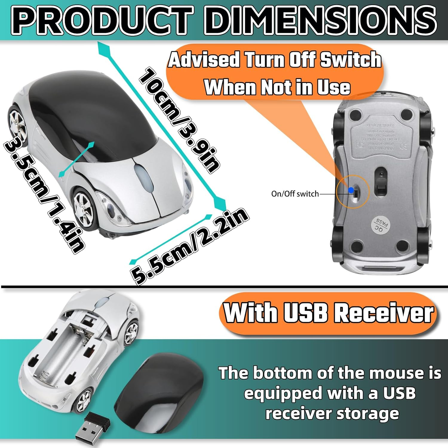 Silver Car Mouse，1600Dpi 2.4G with USB Reciver Computer Mice for Computer Wirele