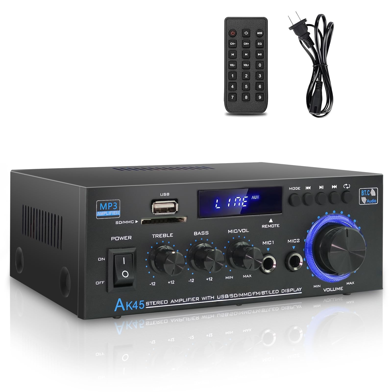 Stereo Home Audio Amplifier Receiver AK45, 400W Bluetooth 5.0 HiFi Blue