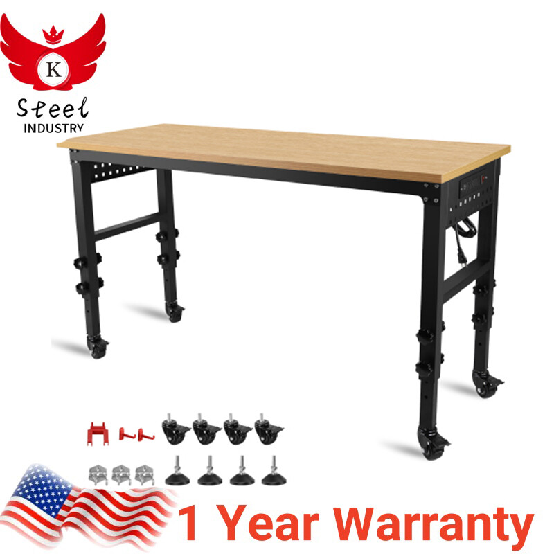 60" ×24'' Adjustable Workbench Rolling Worktable with Power Outlet and Wheels