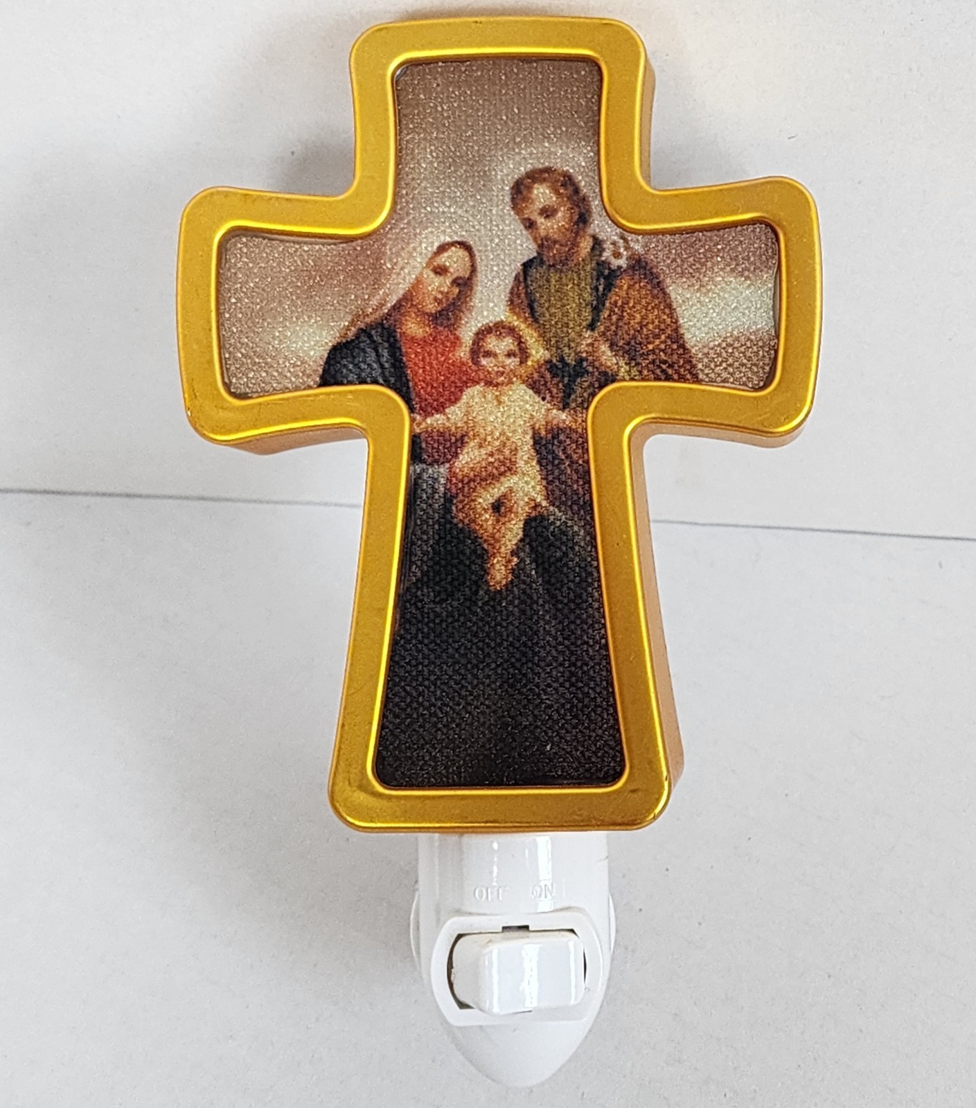 Vintage Holy Family Night Light Rocker Switch Cross Gold Lined