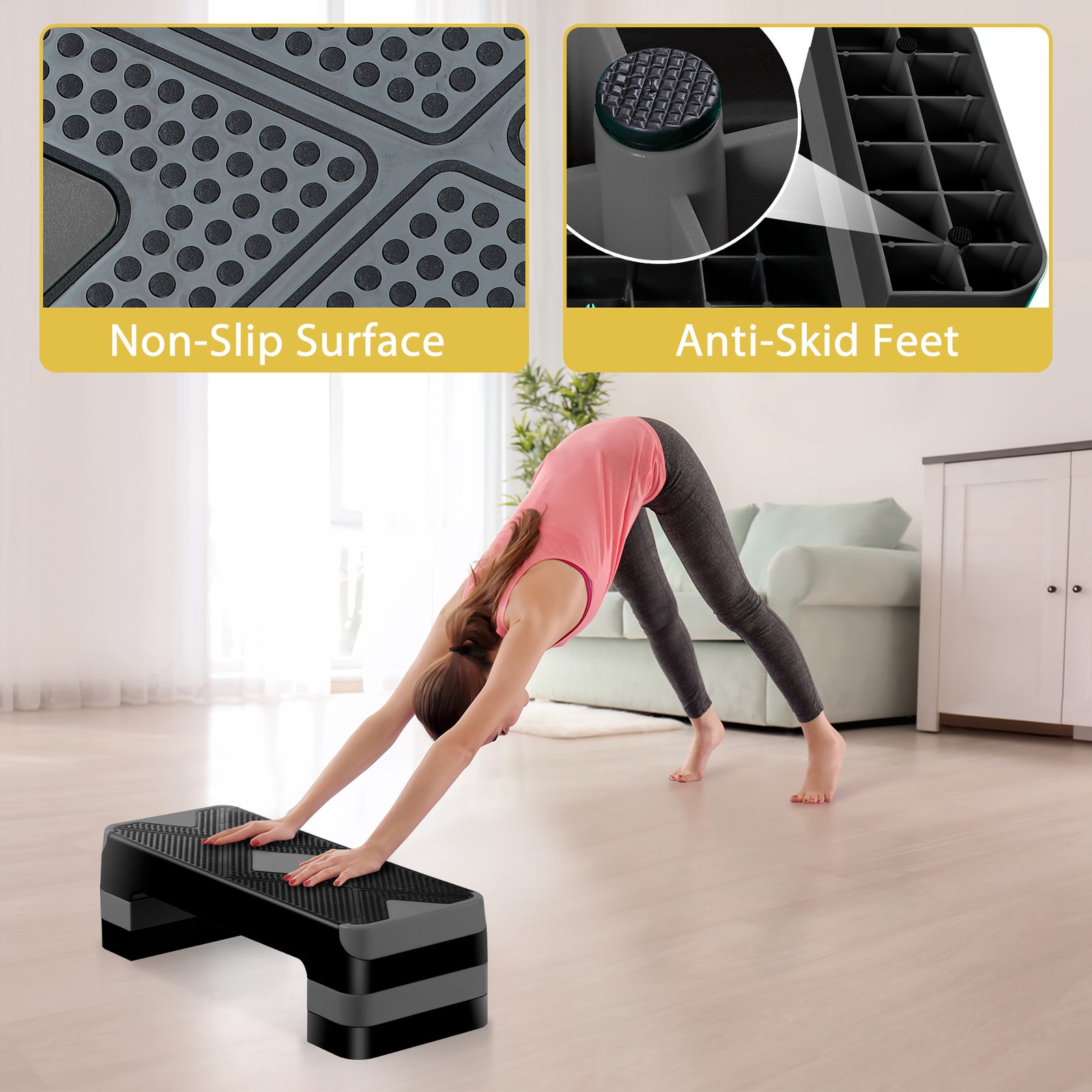 Adjustable 27" Aerobic Step Exercise Non-Slip Platform Stepper 4" - 8" Grey