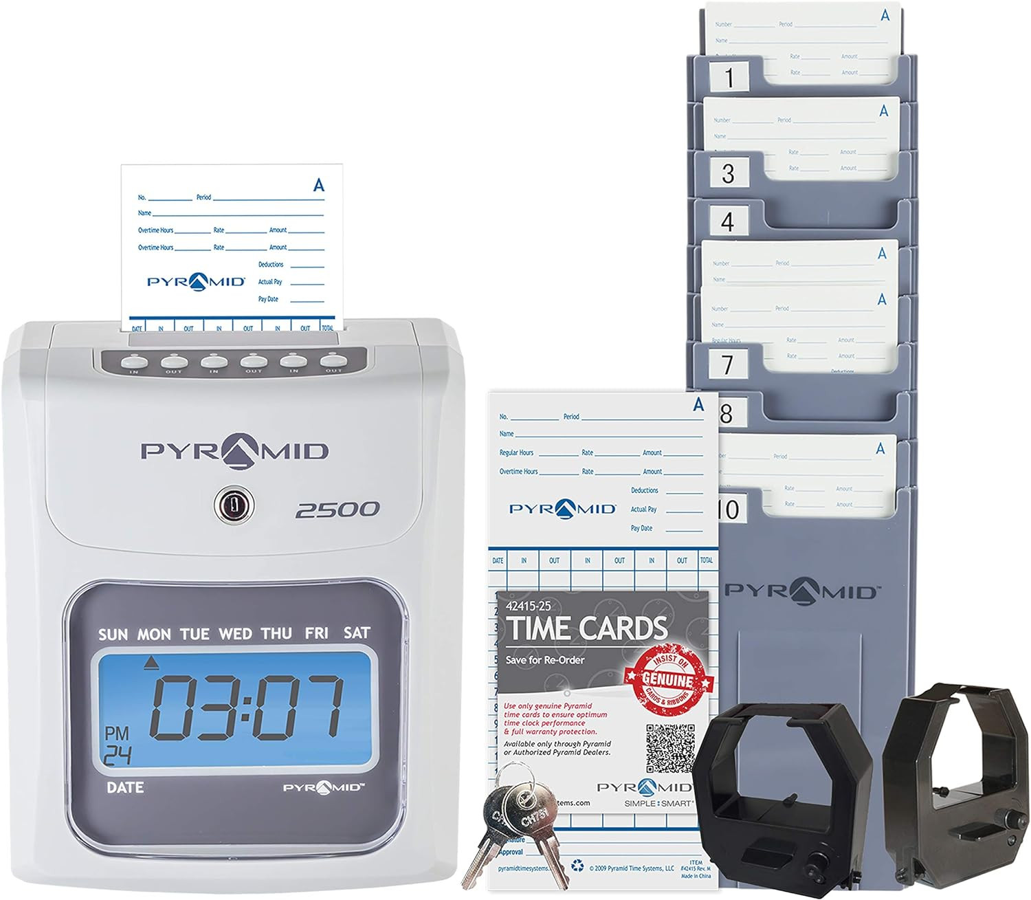 Auto Aligning Time Clock 2500K1 Bundle 100 Cards Ink Ribbons Rack Keys US
