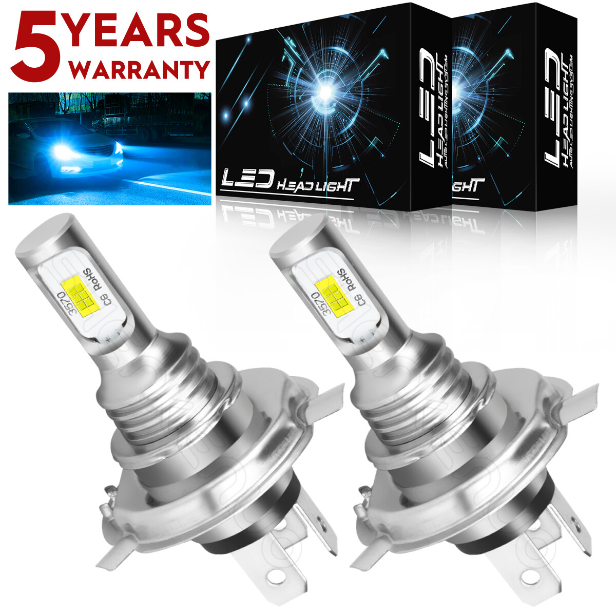 2x Ice Blue 8000K H4 Super Bright 9003 LED Headlight High Low Beam Bulbs 50W BYL