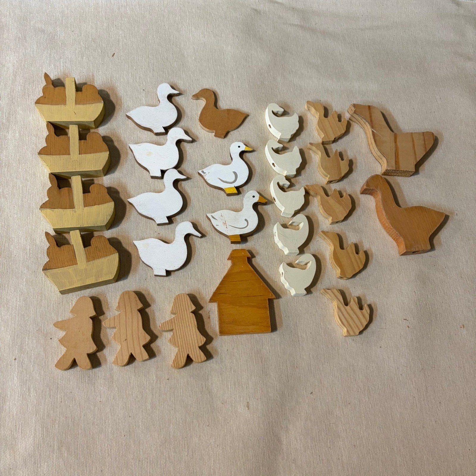 Vintage Wooden Farm Animal Cutout Lot 25pc Ducks Geese Baskets People Unfinished