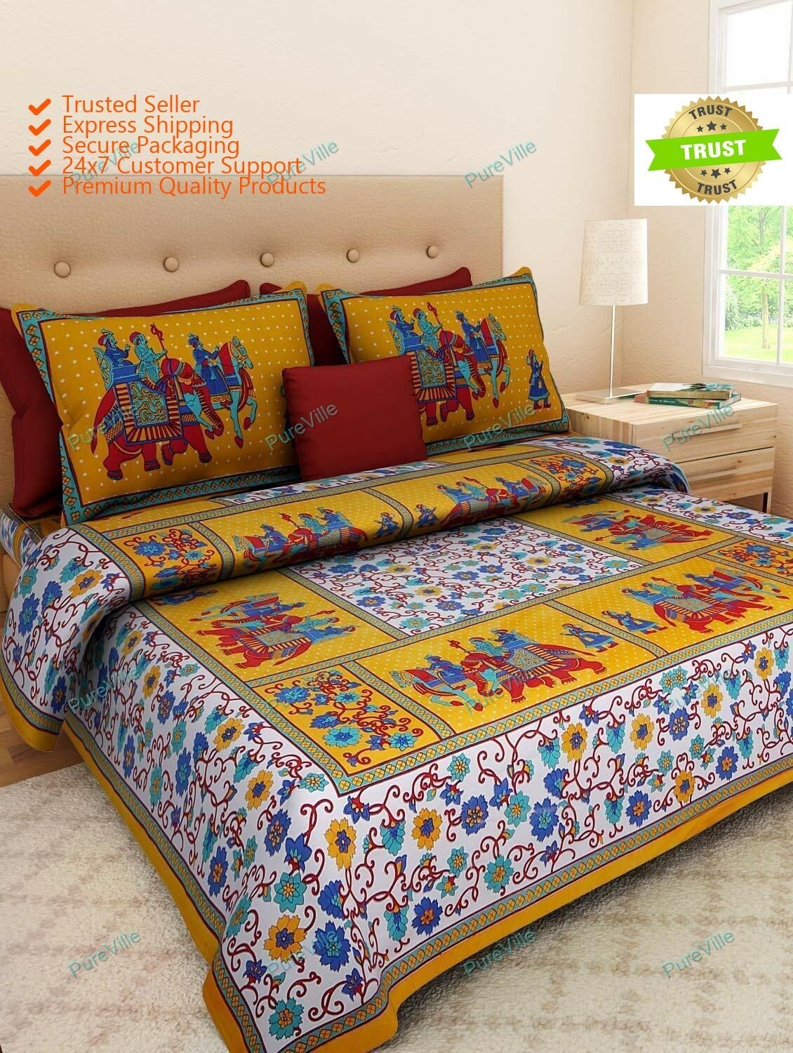 Modern Desginer Printed Cotton Double Bed Sheet With 2 Pillow Cover