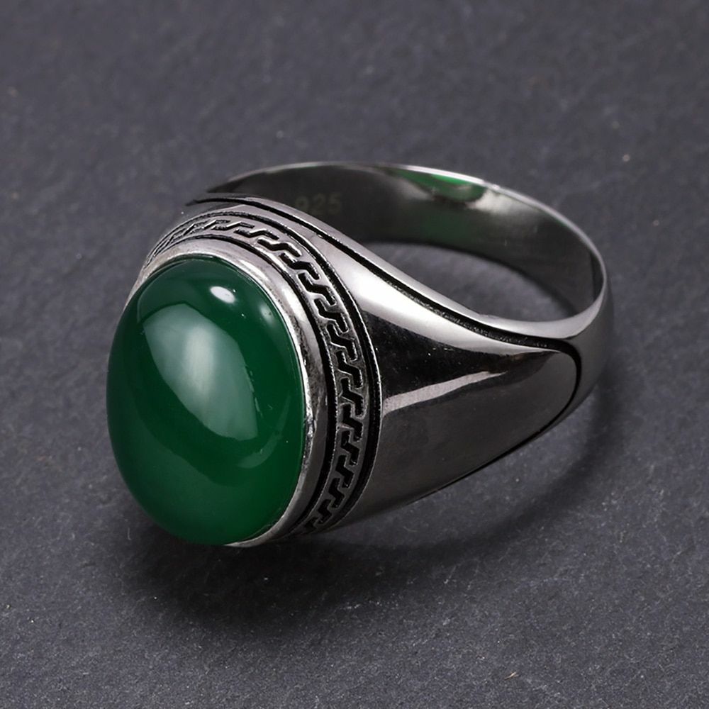 925 Sterling Silver Onyx Ring Oval Stone Natural Rings Men's Band Womens Jewelry