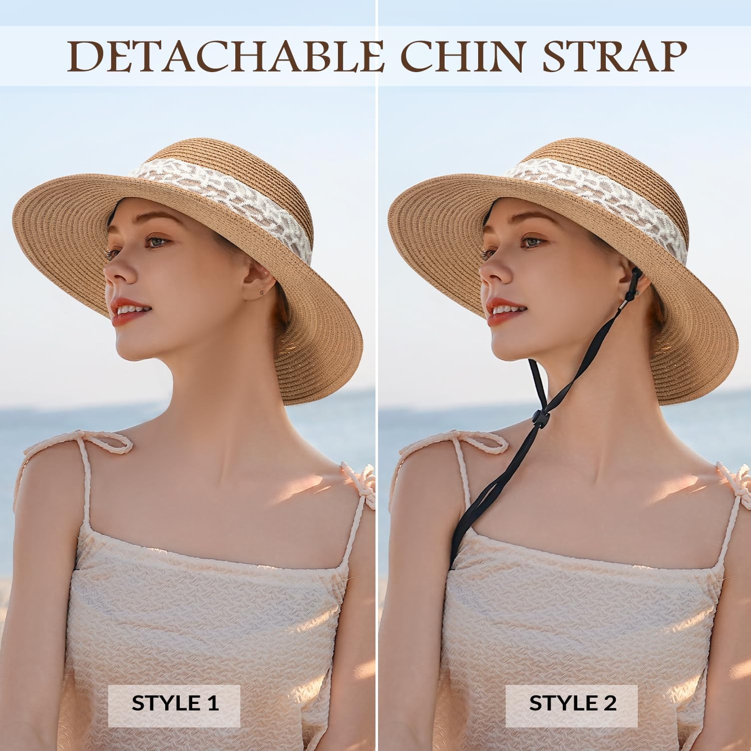 Womens Beach Sun Straw Hat - UV Protection UPF 50+ Sun Hats for Women with Wi...