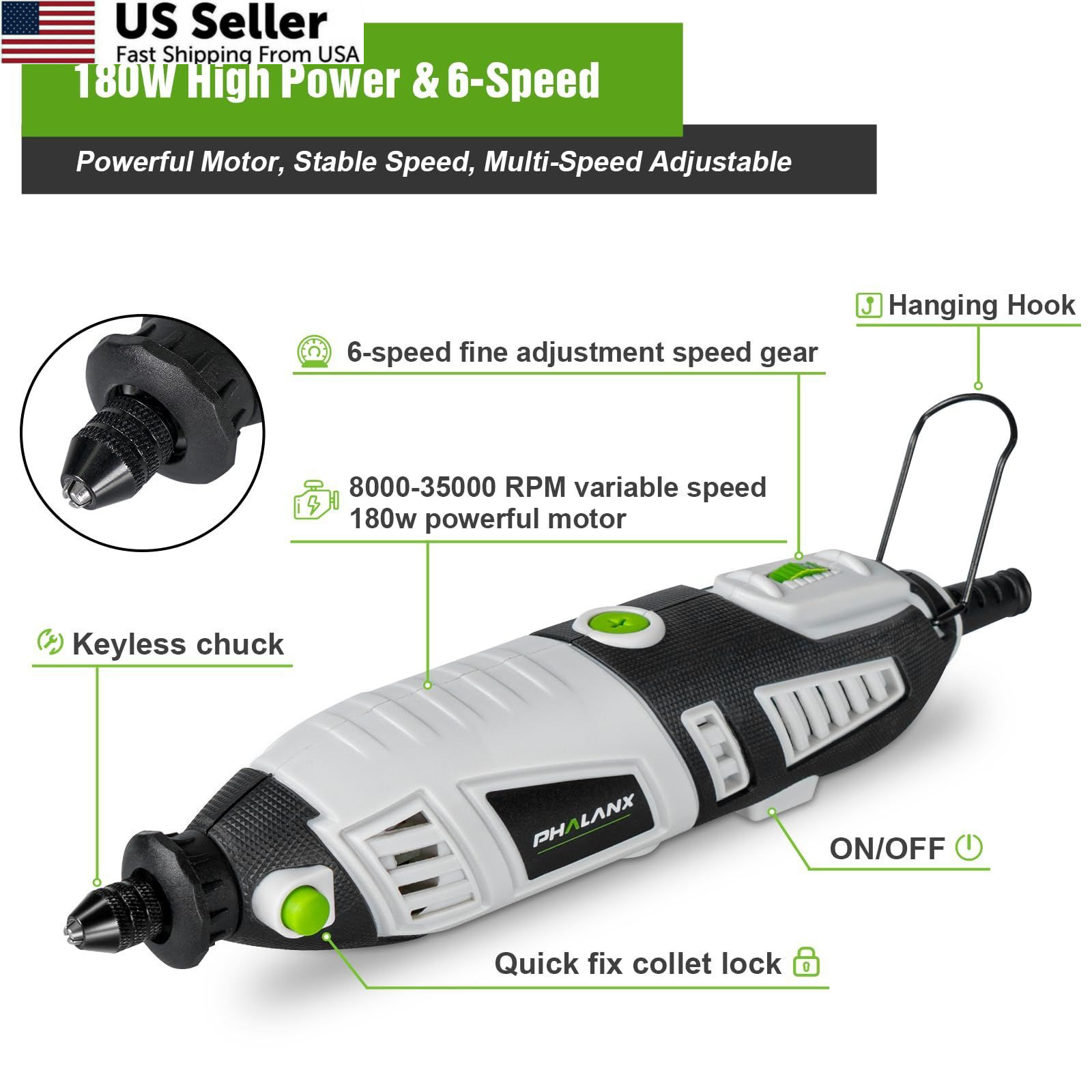 PHALANX 180W Rotary Tool Kit, 1.5-Amp 6 Variable Speed 213pcs