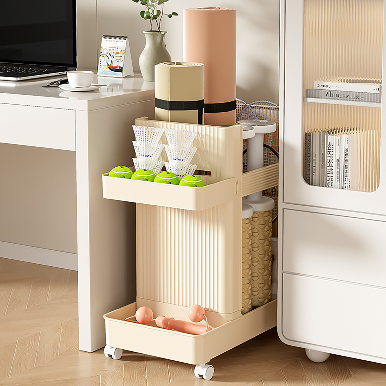 Multi-functional Storage Stand w/Wheels Rolling Workout Equipment Storage Rack