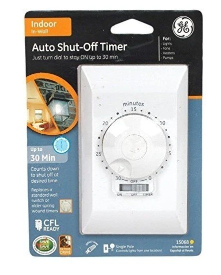 GE 15068 Indoor In-Wall Auto Shut-Off 30-Minute Timer, White
