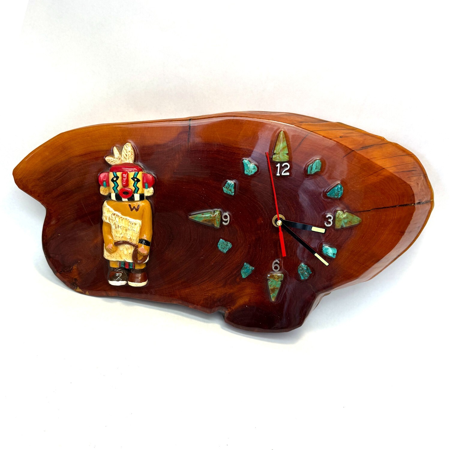 Vintage 1970s Kachina Doll Burlwood Wall Clock with Arrowheads and Turquoise