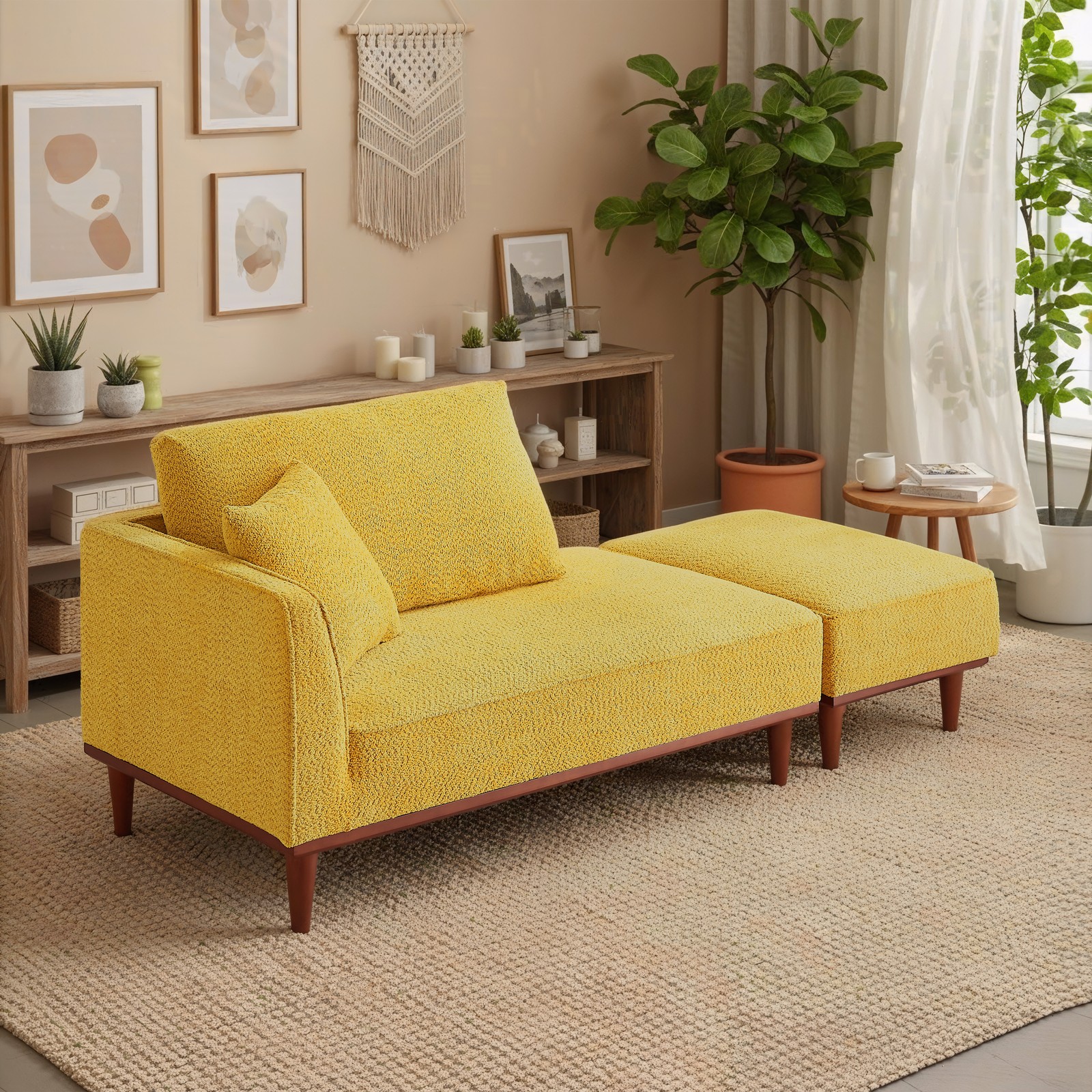 Yellow Fabric Chaise Lounge and Ottoman, Convertible for Living Room Bedroom