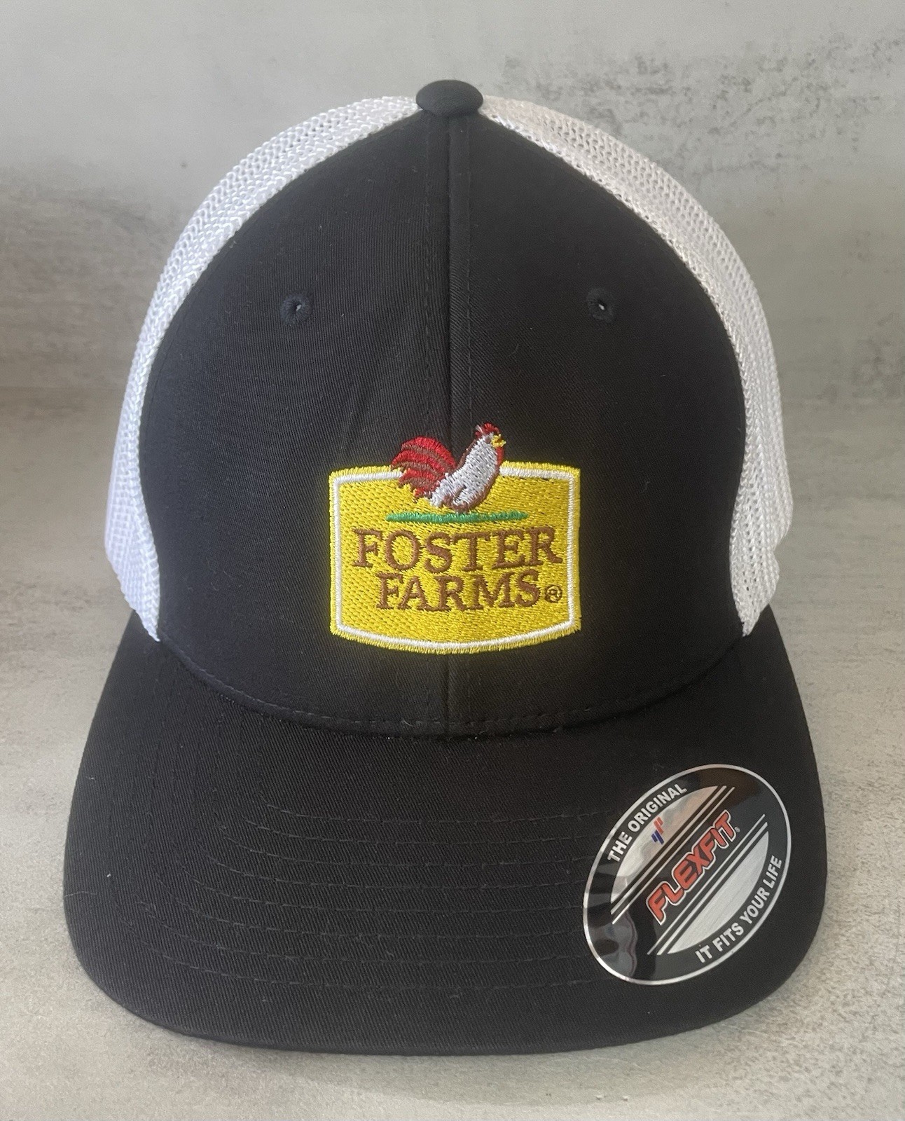 Foster Farms Flexfit Trucker Hat Black White Mesh Rooster Logo Cap