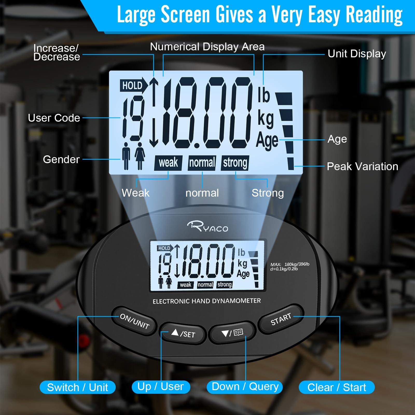 Grip Strength Tester, 396lbs/180kg Rechargeable Exerciser Meter Digital Hand ...