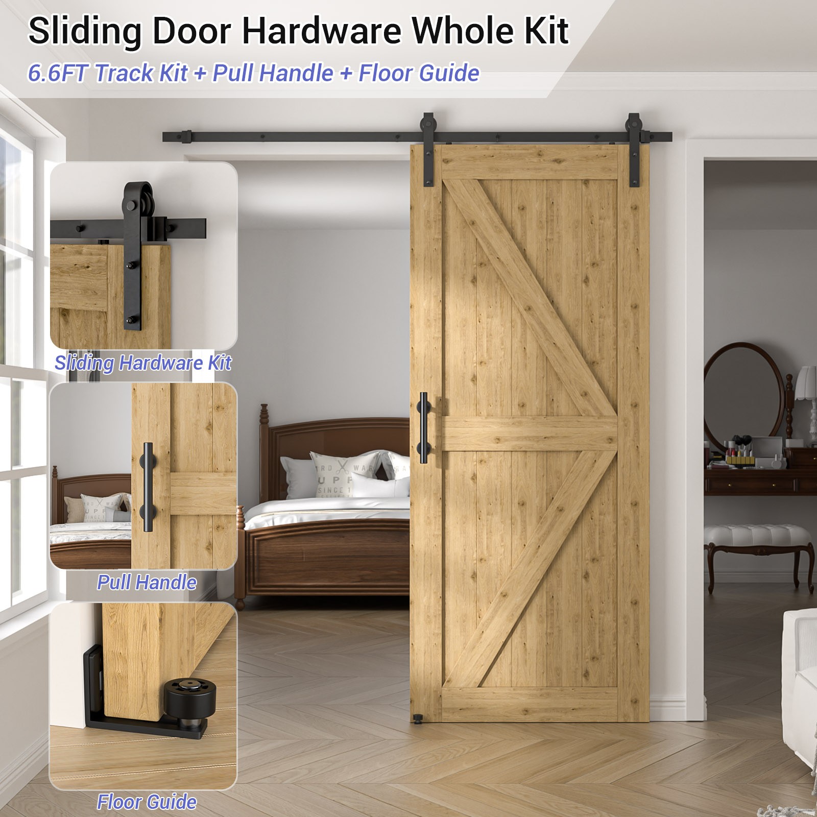 6FT/6.6FT Sliding Barn Door Hardware Kit & 9.5''Handle, Adjustable Floor Guide