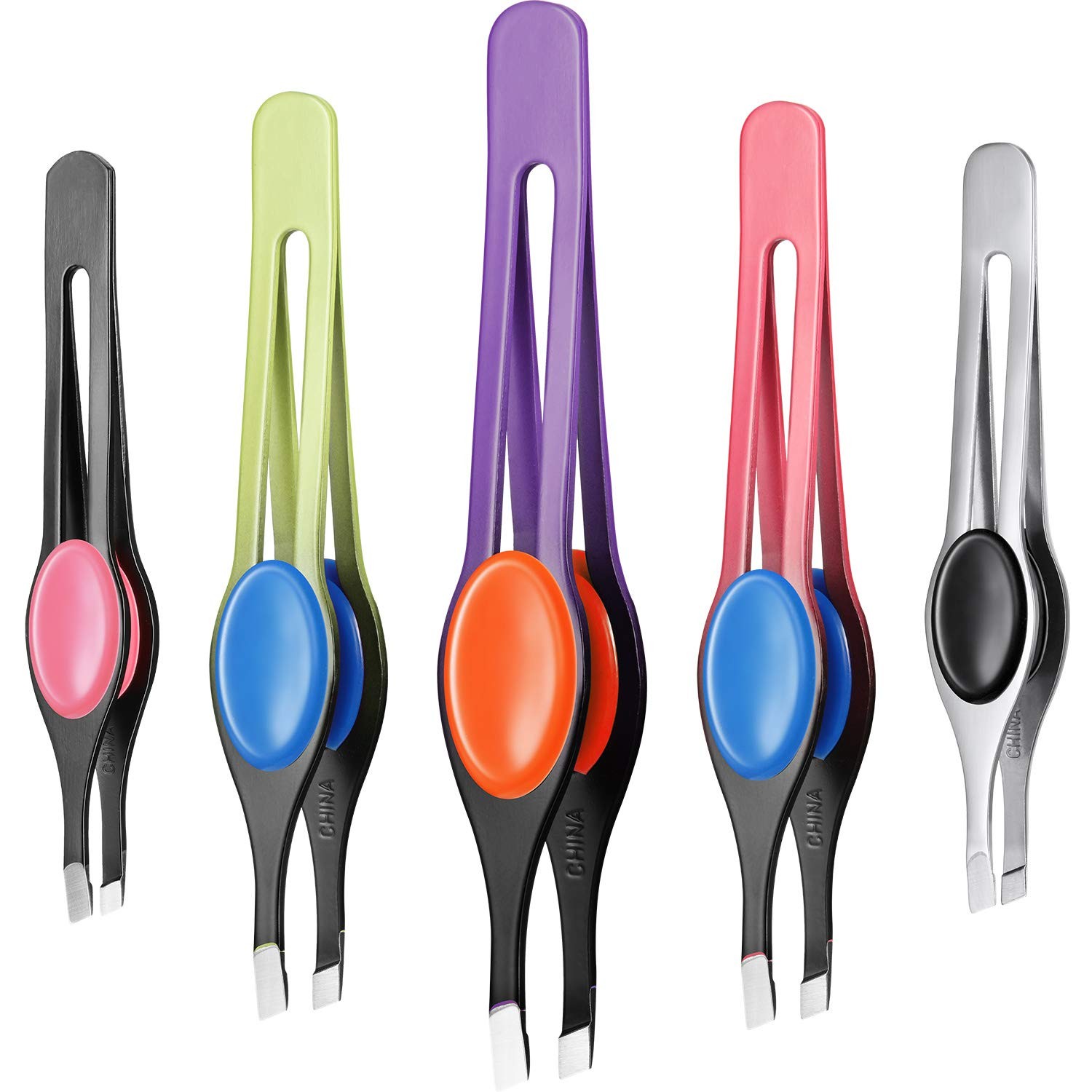 Chumia 5 Pieces Non-Slip Grip Tweezers Slanted Tip Colorful Rubber