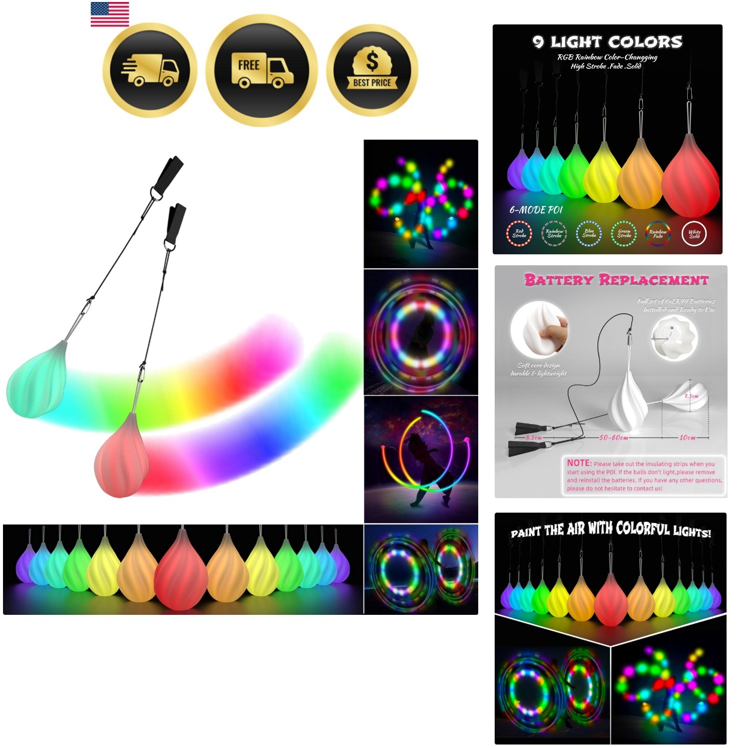LED Poi Balls Set for Children and Adults - Luminous  Toy for Beginners & Pro...