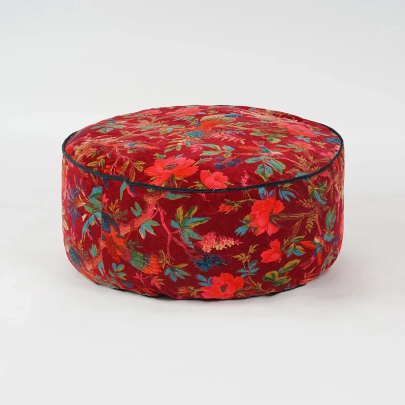 Red Bird Printed Large Zipped Throw Hippie Decorative Ottoman Cover Boho Poufs