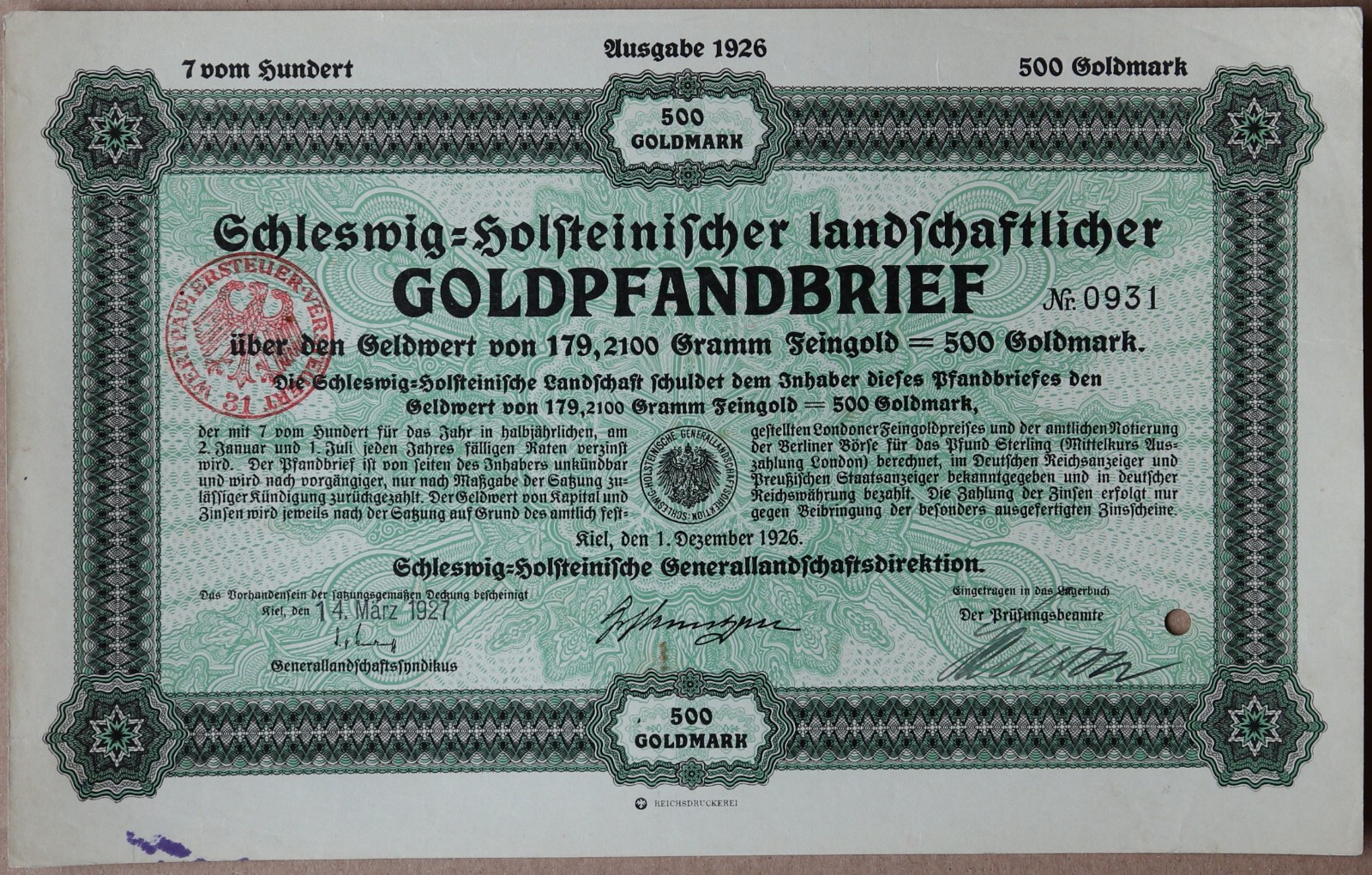 500 Goldmark 1926 Goldpfandbrief - Kiel / Germany Loan Bond Series: 0931 -R20