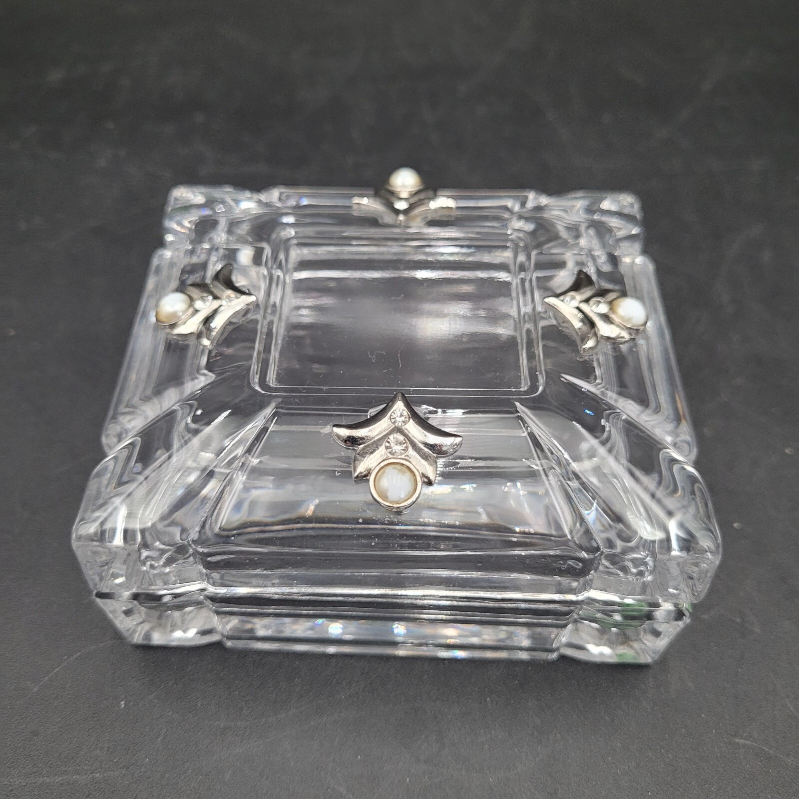 Square Glass Lidded Trinket Box Faux Pearl & Diamonds Silver Accents MCM