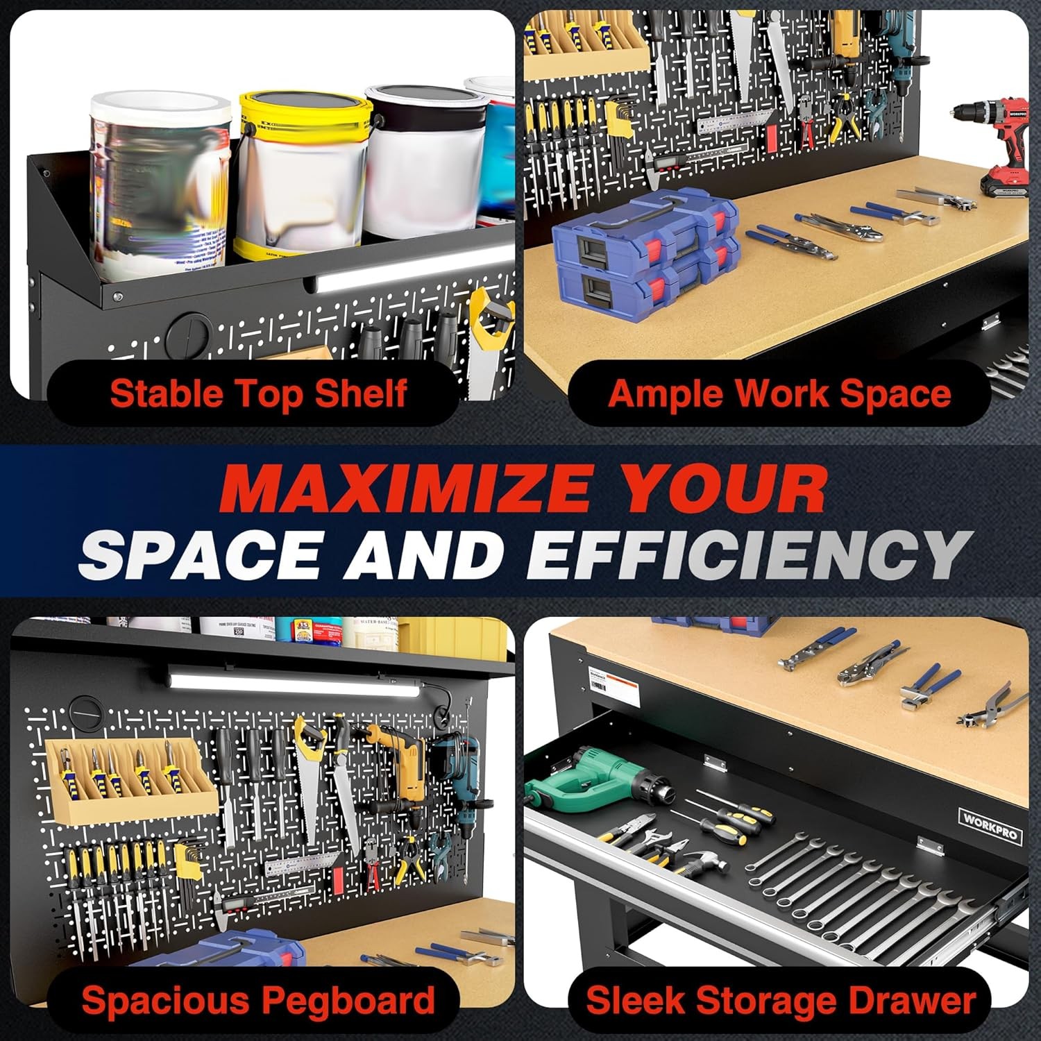 WORKPRO 45" Garage Workbench with Storage Heavy-Duty Workbench with Pegboard New