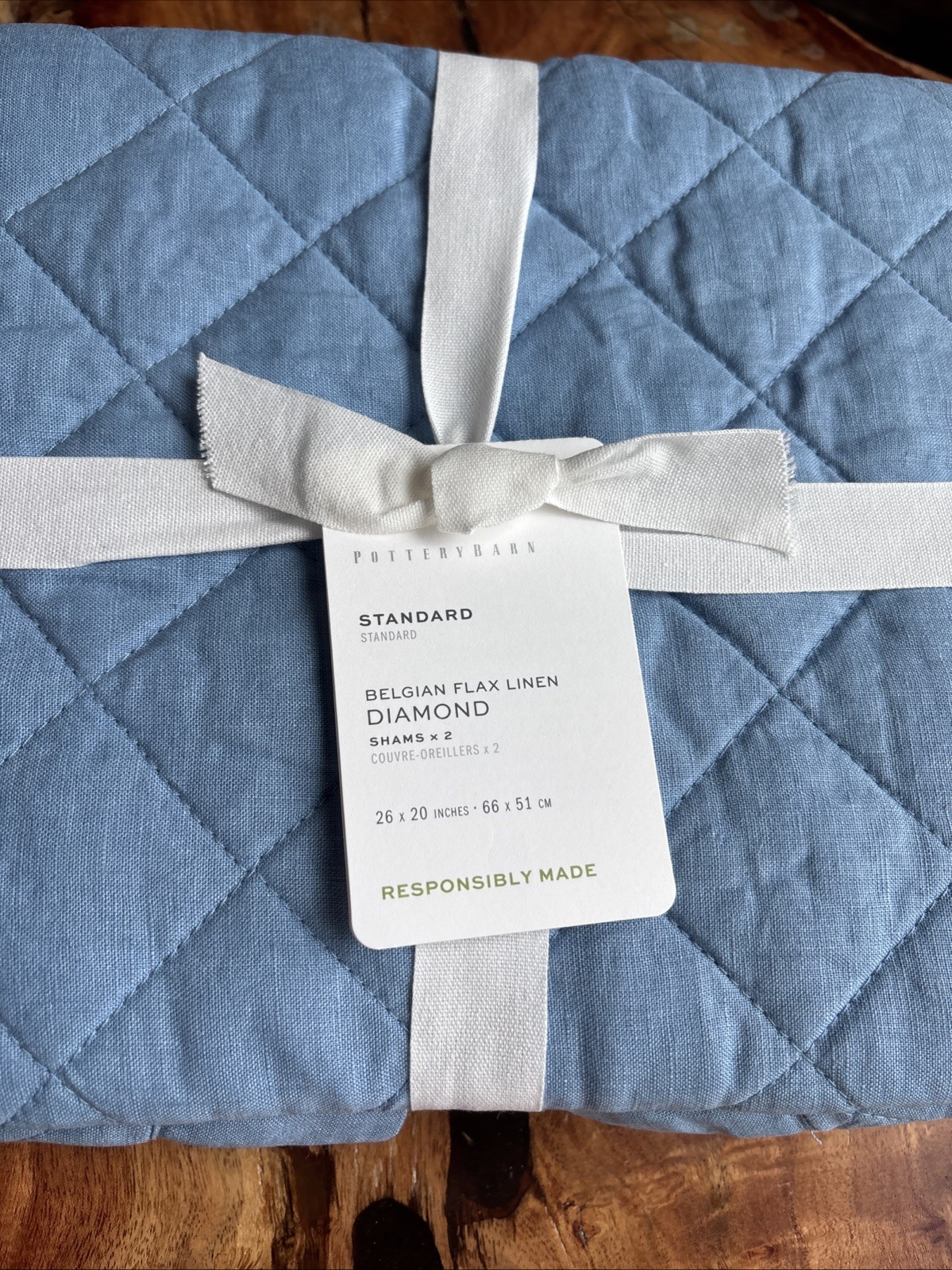 Set/2 Pottery Barn Belgian Linen Diamond Quilted Shams Standard Cornflower Blue
