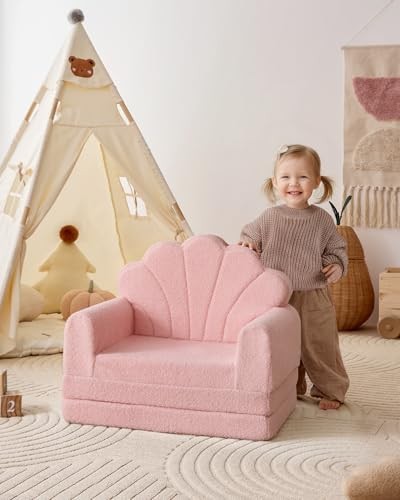 Kids Couch, 2-in-1 Soft Toddler Couch Fold Out, Toddler Chair Rosado Shell