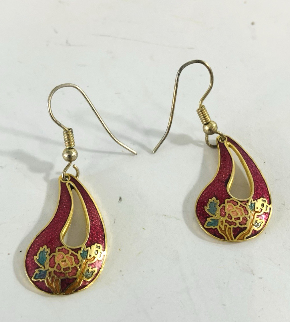 Vintage Enamel Cloisonne Tear drop Earrings 1" Long Flower Rose