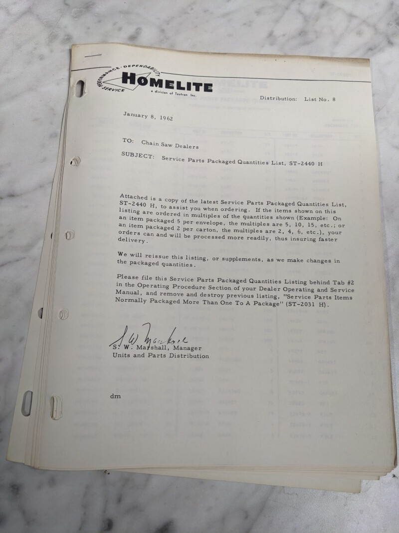 HOMELITE DEALER SERVICE PARTS PACKAGED QUANTITIES LIST ST-2440 H 1962 LITERATURE