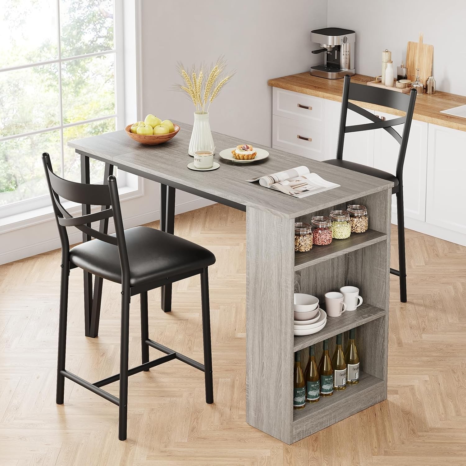 Dining Set Wood Top Table and 2 Upholstered Height Chairs Bar Stools for Kitchen