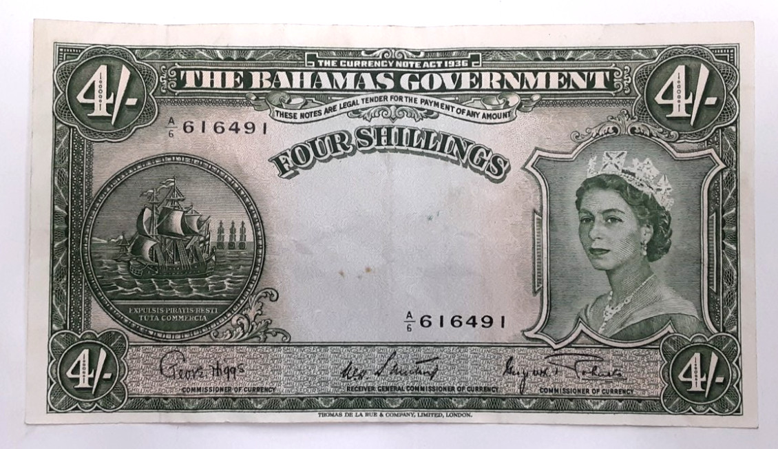 ND 1953 Issue Bahamas 4 Shillings Note of Elizabeth II P#13d Crisp VF/EF