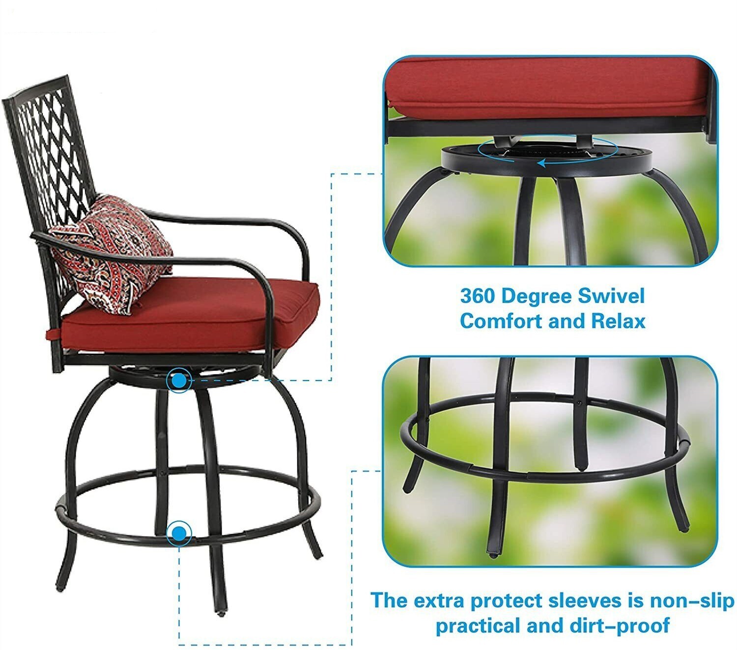 Outdoor Patio Swivel Chairs Set of 2 Bar Height Stools Bistro Set with Cushion