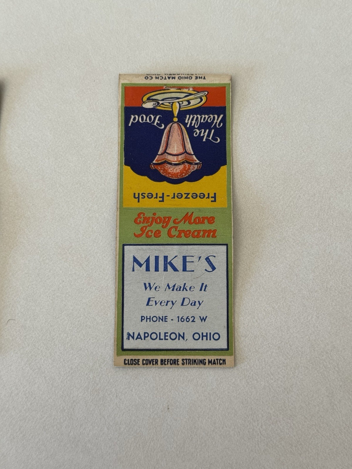 Mikes Icecream Napoleon Ohio Matchbook Cover 470