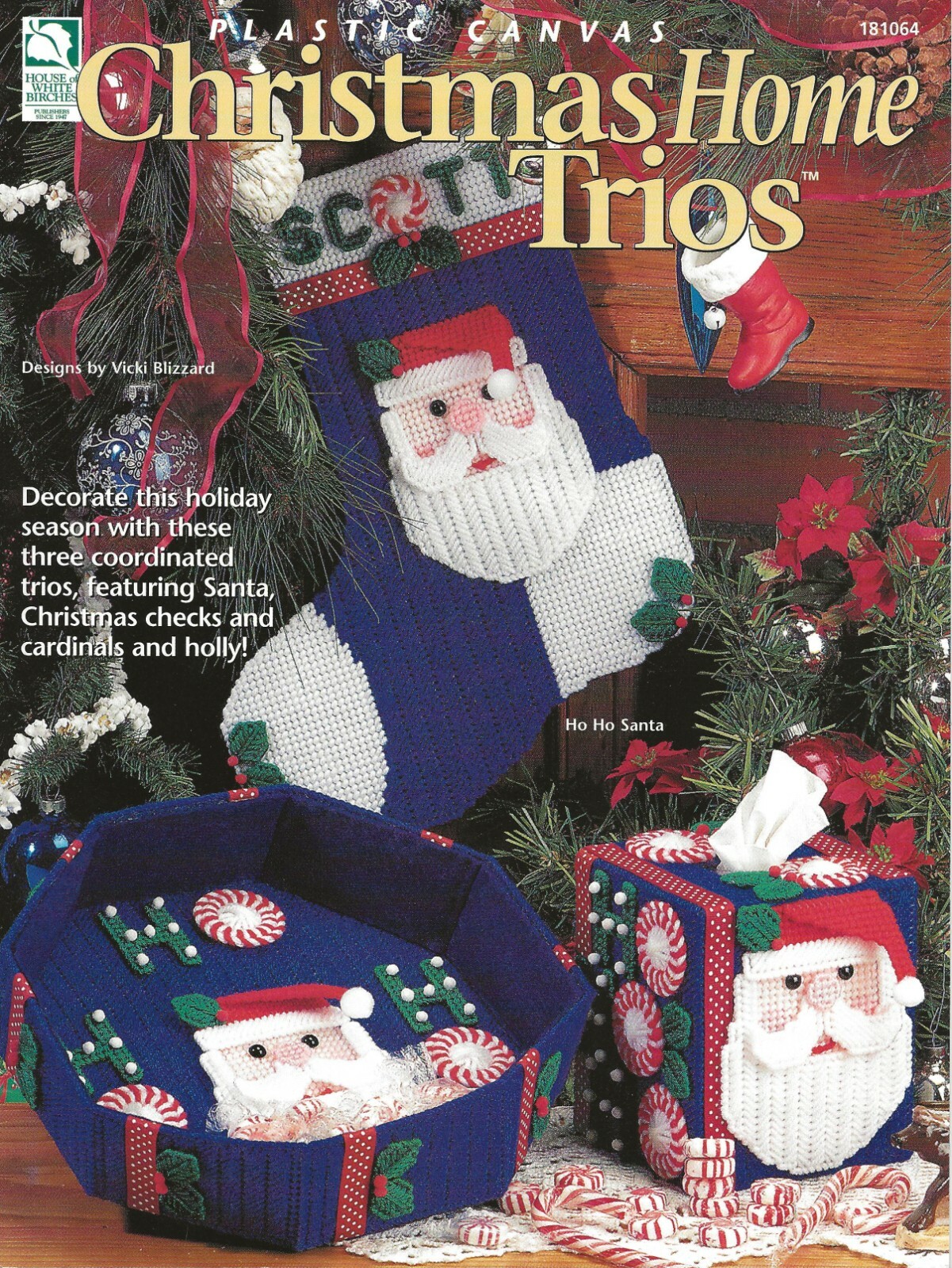 Christmas Home Trios Plastic Canvas Cardinals Holly Santa Snowflake Peppermint