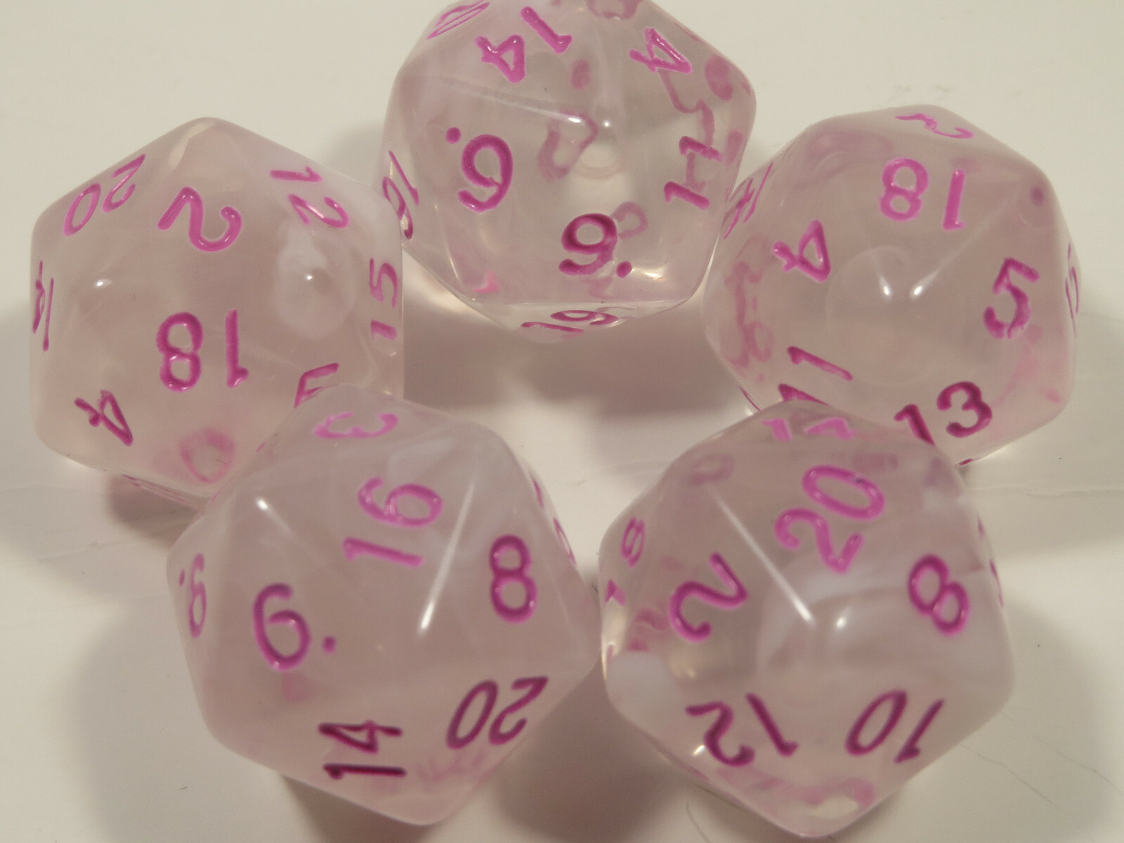 NEW RPG Dice Set of 5 D20 - Mysty Clear White w/Pink Inking
