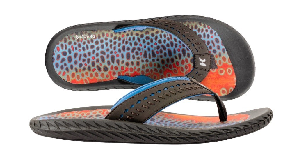 SIZE #8 KORKERS FISH FLIP SANDAL DEYOUNG BROWN TROUT FIXED KLING-ON DECK SOLE