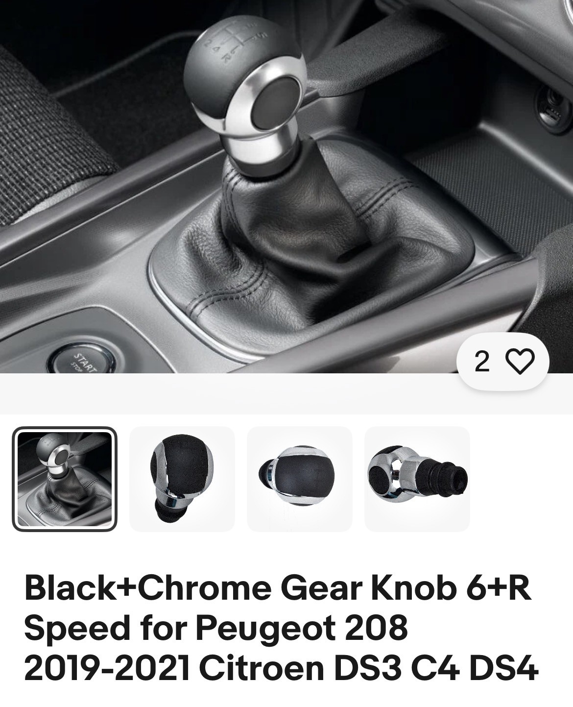Black+Chrome Gear Knob 6+R Speed for Peugeot 208 2019-2021 Citroen DS3 C4 DS4