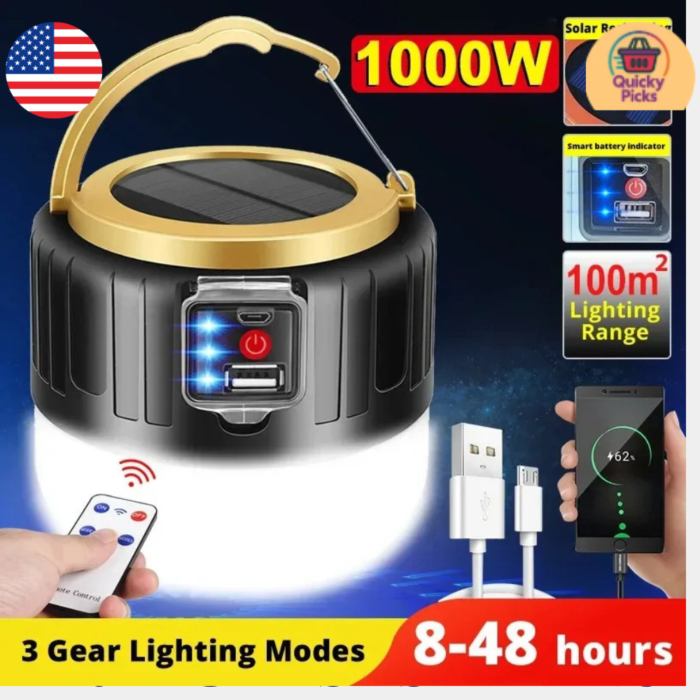 Solar Camping LED Lamp USB Rechargeable Tent Remote Light Outdoor Hiking Lantern