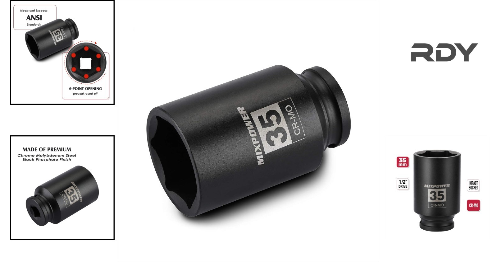 High-Torque 1/2" Drive Deep Impact Socket, 35mm - Engineered for Impact Drivers