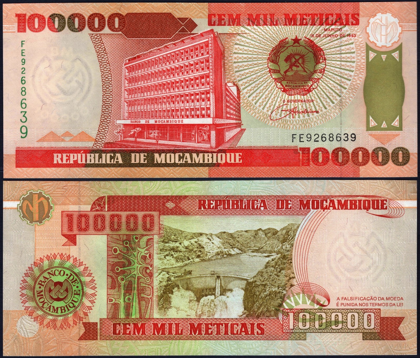 MOZAMBIQUE 🇲🇿 P139* 100000 METICAIS* ND 16/06/1993* UNC GEM* USA SELLER