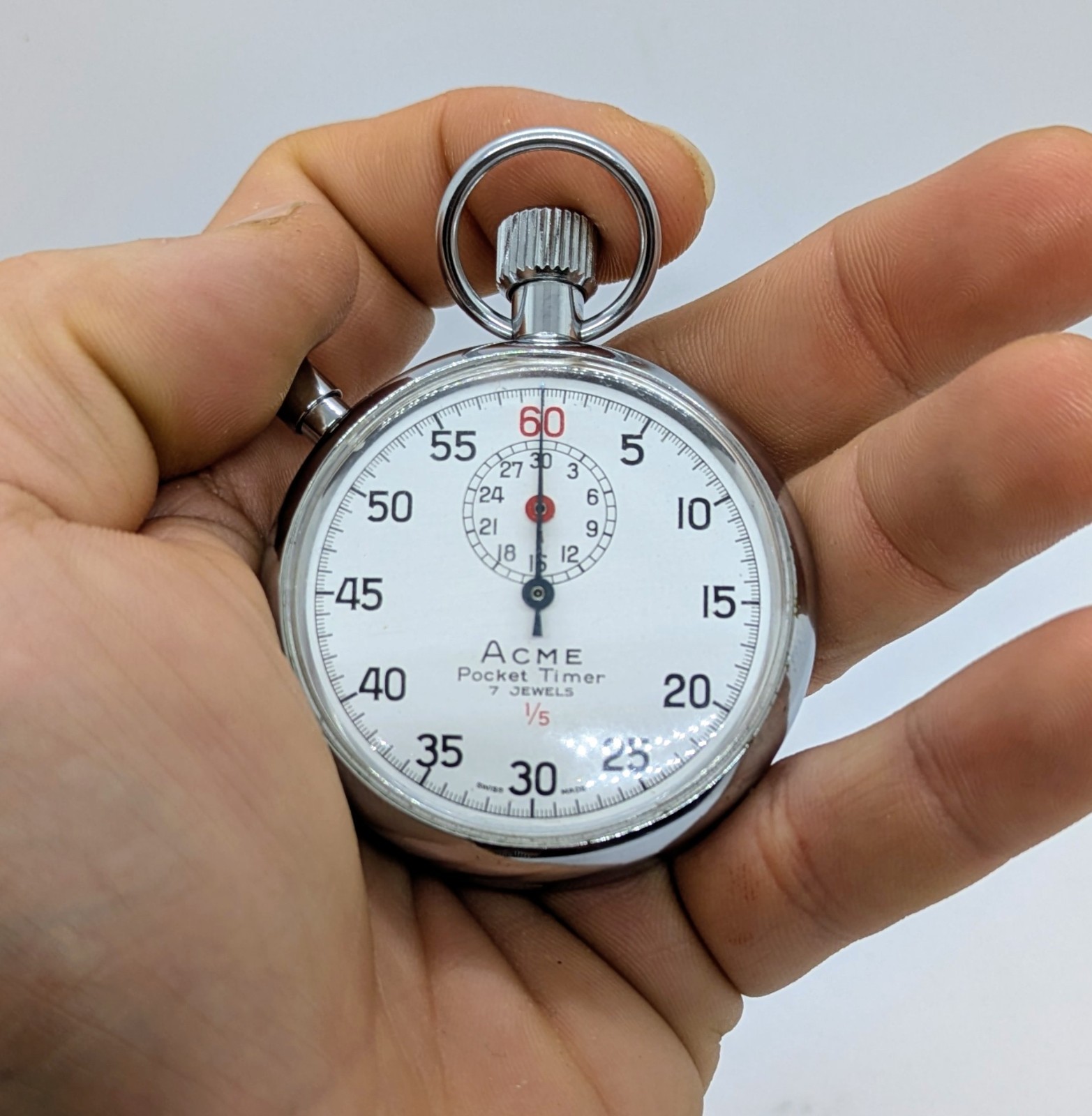 Vintage ACME Pocket Timer Stopwatch 7 Jewels Chrome *RUNS PERFECTLY, SMALL CHIP*