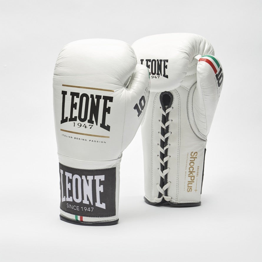 Leone 1947 White Lace Up Boxing Gloves Shock Plus Italian Leather 10oz
