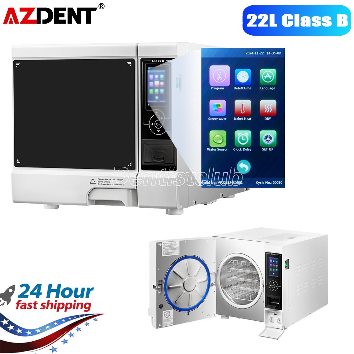AZDENT 22L Dental Autoclave Vacuum Steam Sterilizer Medical Class B with Printer