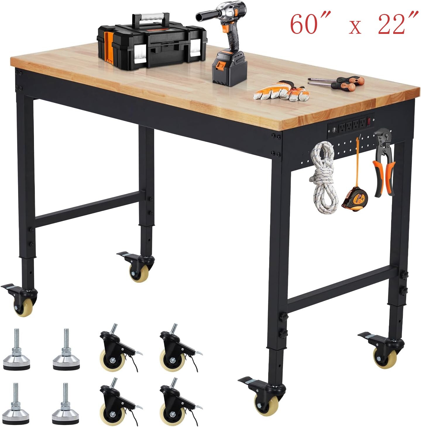 60" Adjustable Height Workbench 2000 LBS  Workstation With 9.8FT Cable & Casters