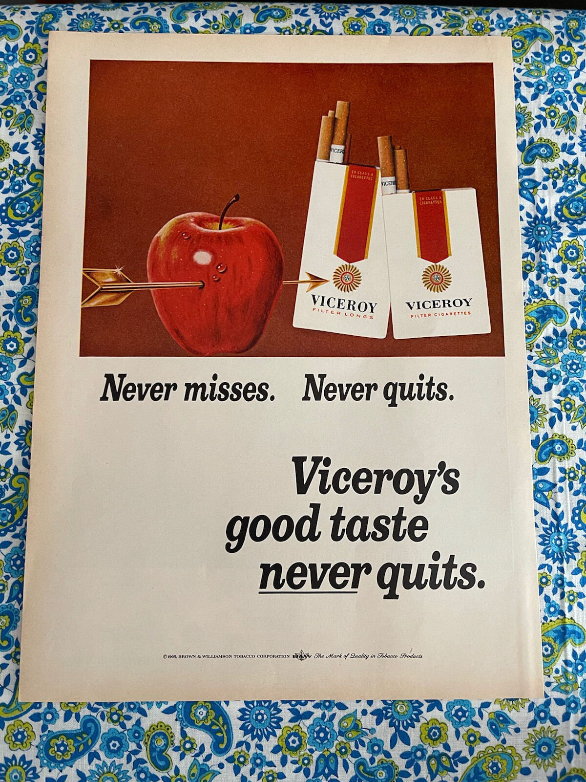 Vintage 1969 Viceroy Cigarettes Print Ad Apple Arrow Never Misses Never Quits