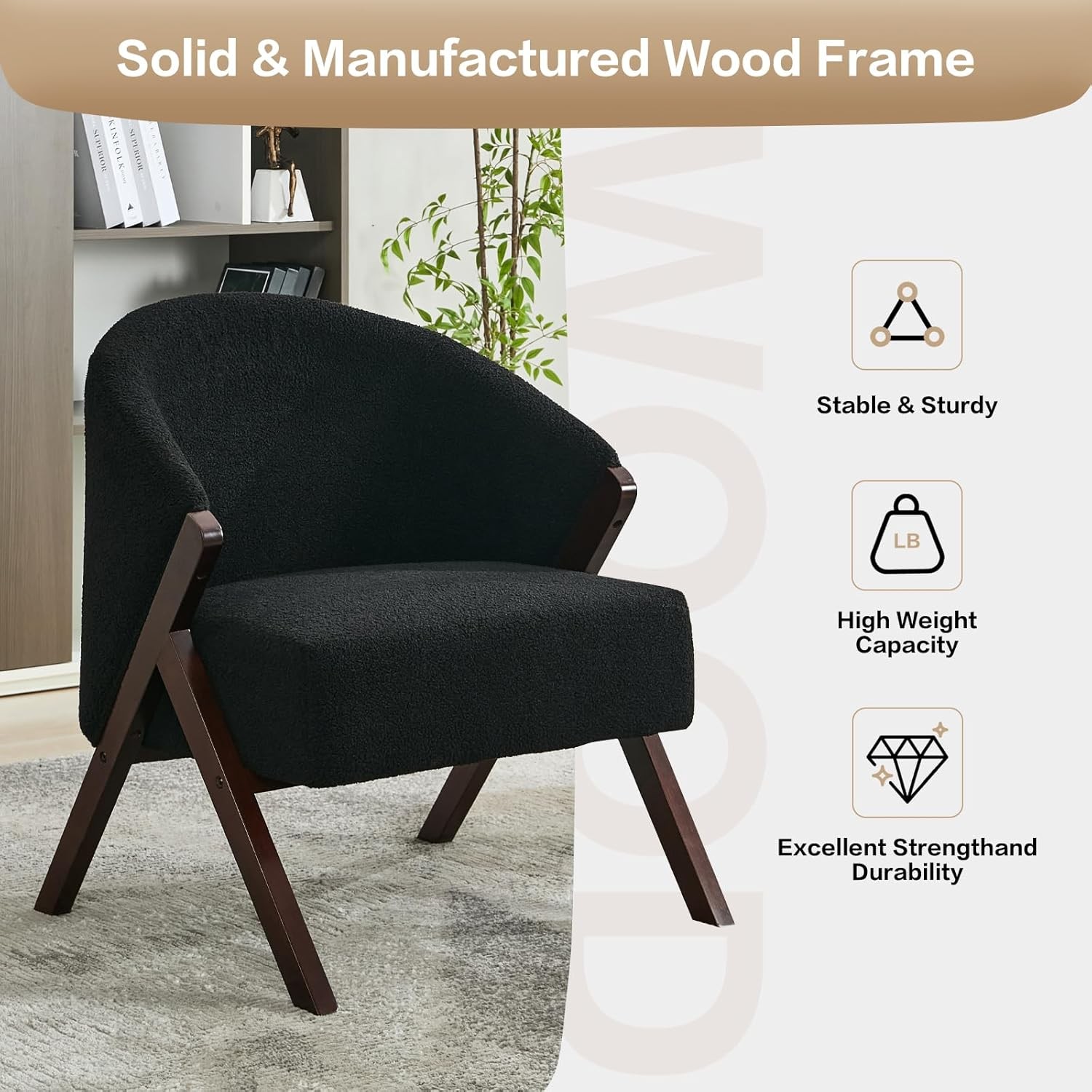Black Modern Accent Chair with Teddy Velvet, Comfy Upholstered Reading Chair