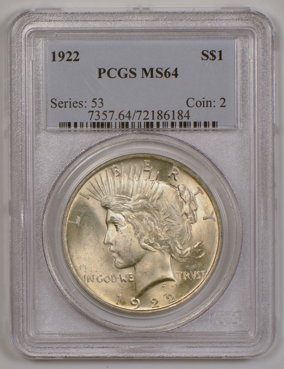 1922 Silver Peace Dollar from the Philadelphia Mint, Graded MS64 by PCGS